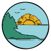 First Light Logo Mark, circle with sunrise, water, birds, and trees.